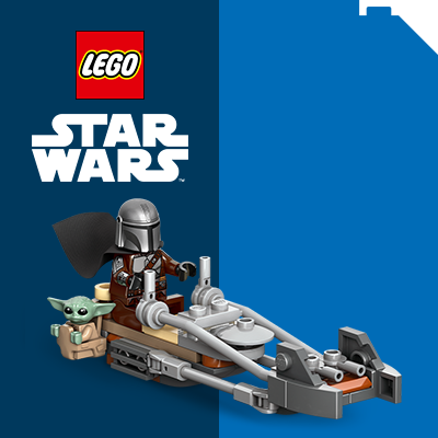 LEGO® Star Wars™ Themenwelt-Kachel mit Set 75436 Der Mandalorianer und Grogu auf ihrem Speeder Bike