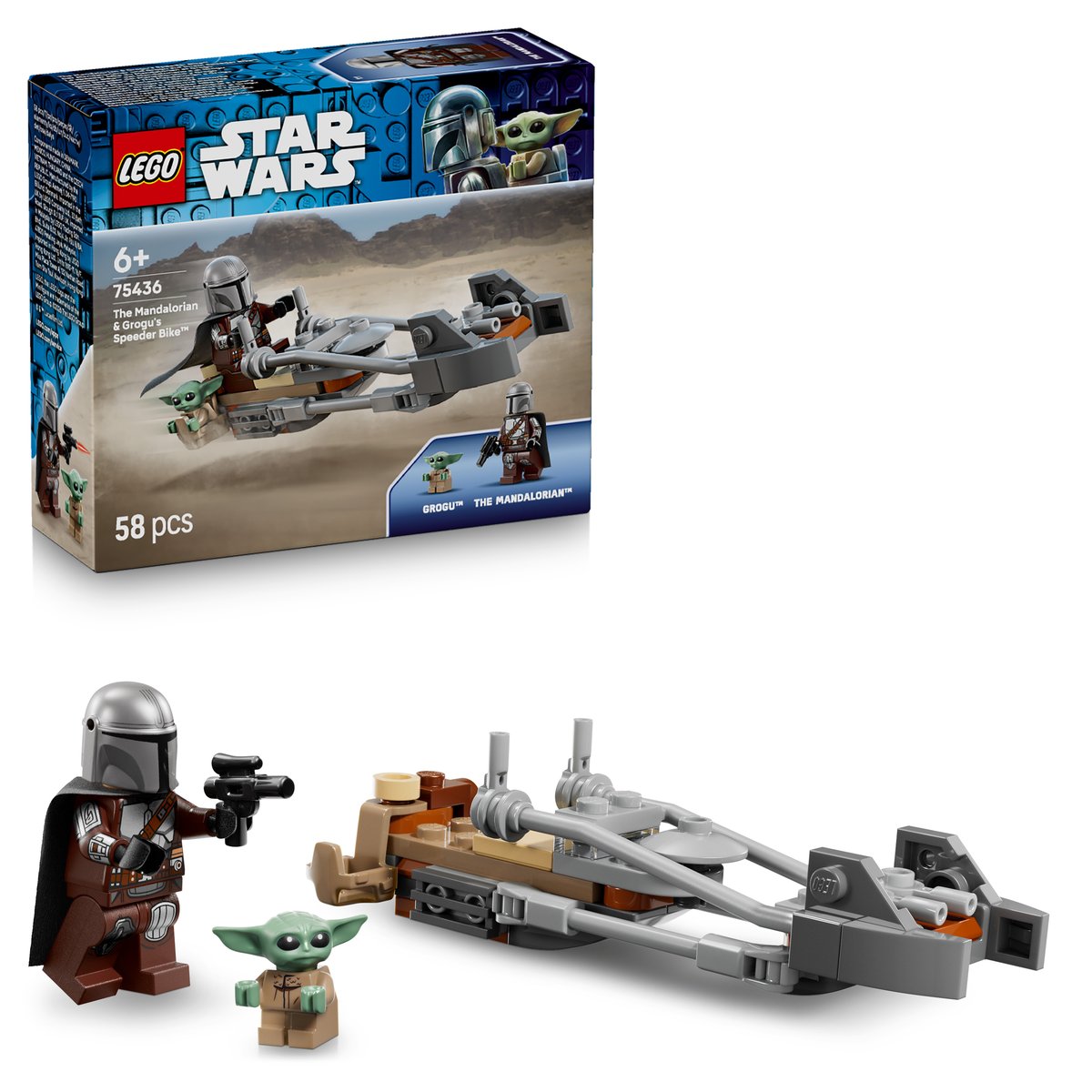 LEGO 75436 LEGO® Star Wars™ 75436 - Der Mandalorianer und Grogu auf ihrem Speeder Bike™ – Box & Produkt