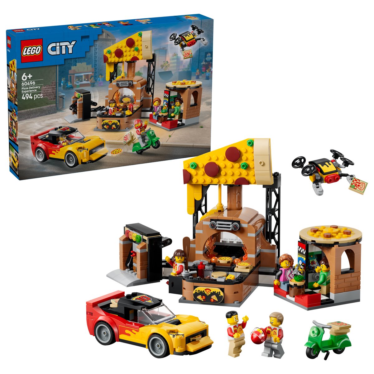LEGO 60496 LEGO® City 60496 - Pizza-Liefererlebnis mit Fahrzeugen – Box & Produkt