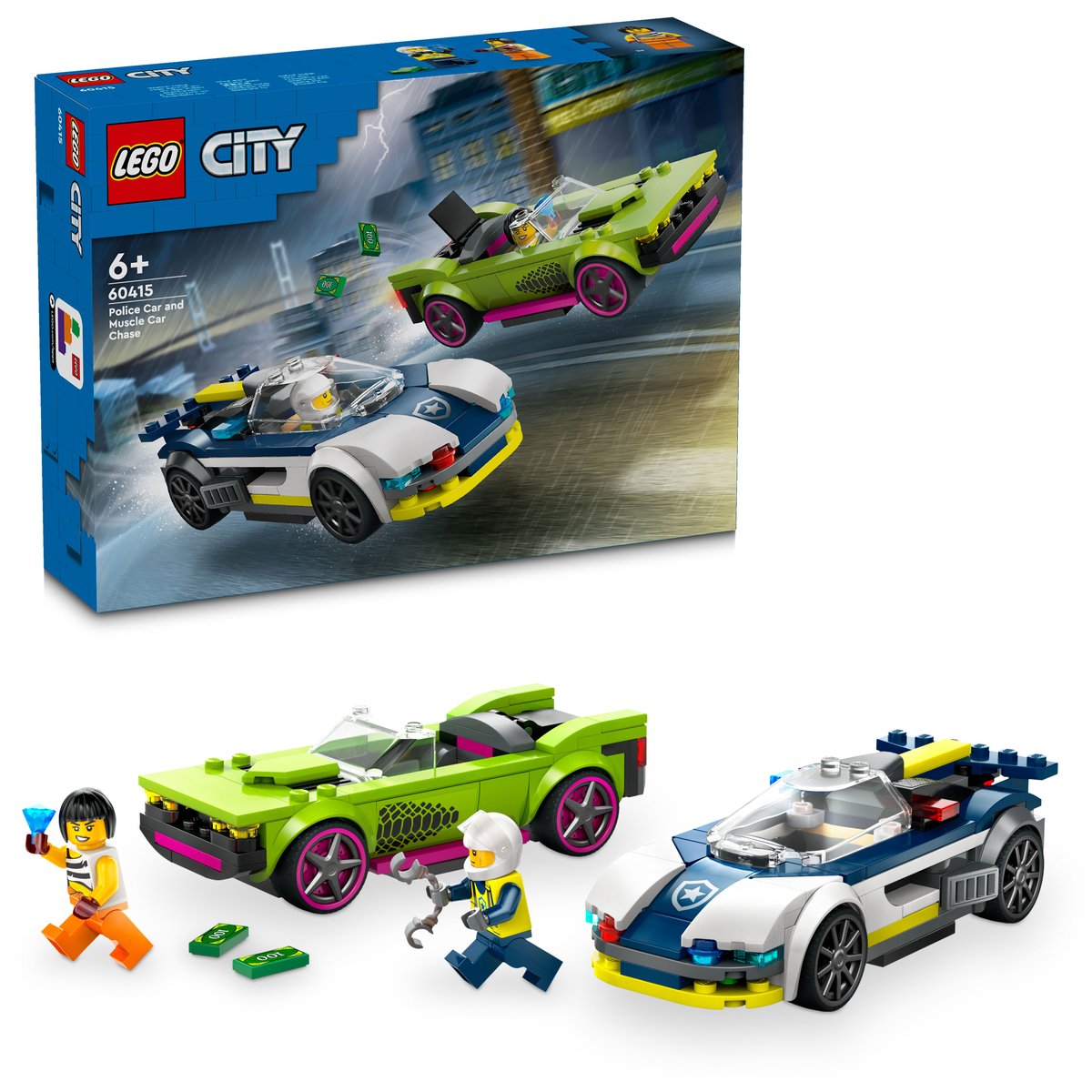 LEGO 60415 LEGO® City 60415 - Verfolgungsjagd mit Polizeiauto und Muscle Car – Box & Produkt