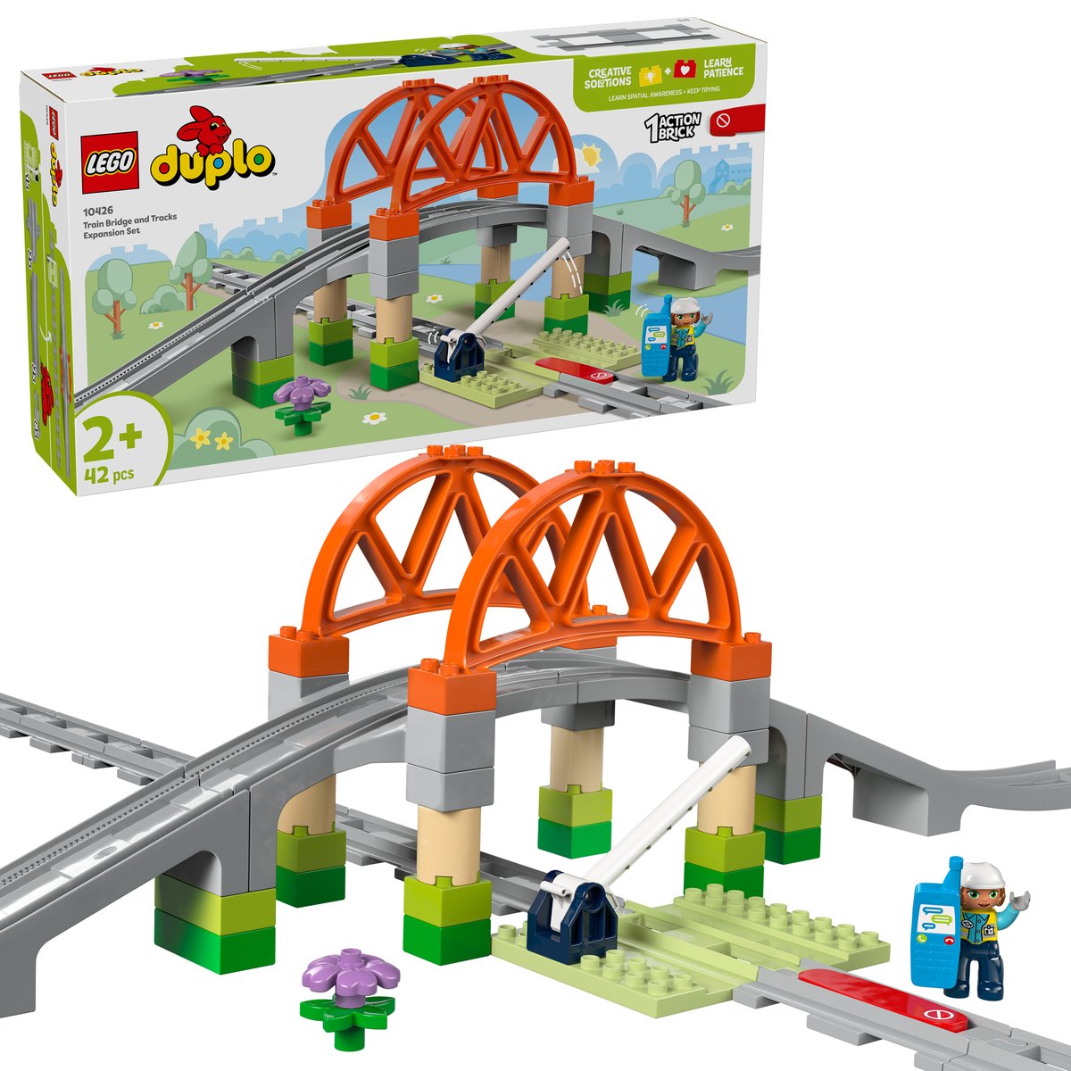 LEGO 10426 LEGO® DUPLO 10426 - Eisenbahnbrücke und Schienen – Erweiterungsset – Box & Produkt