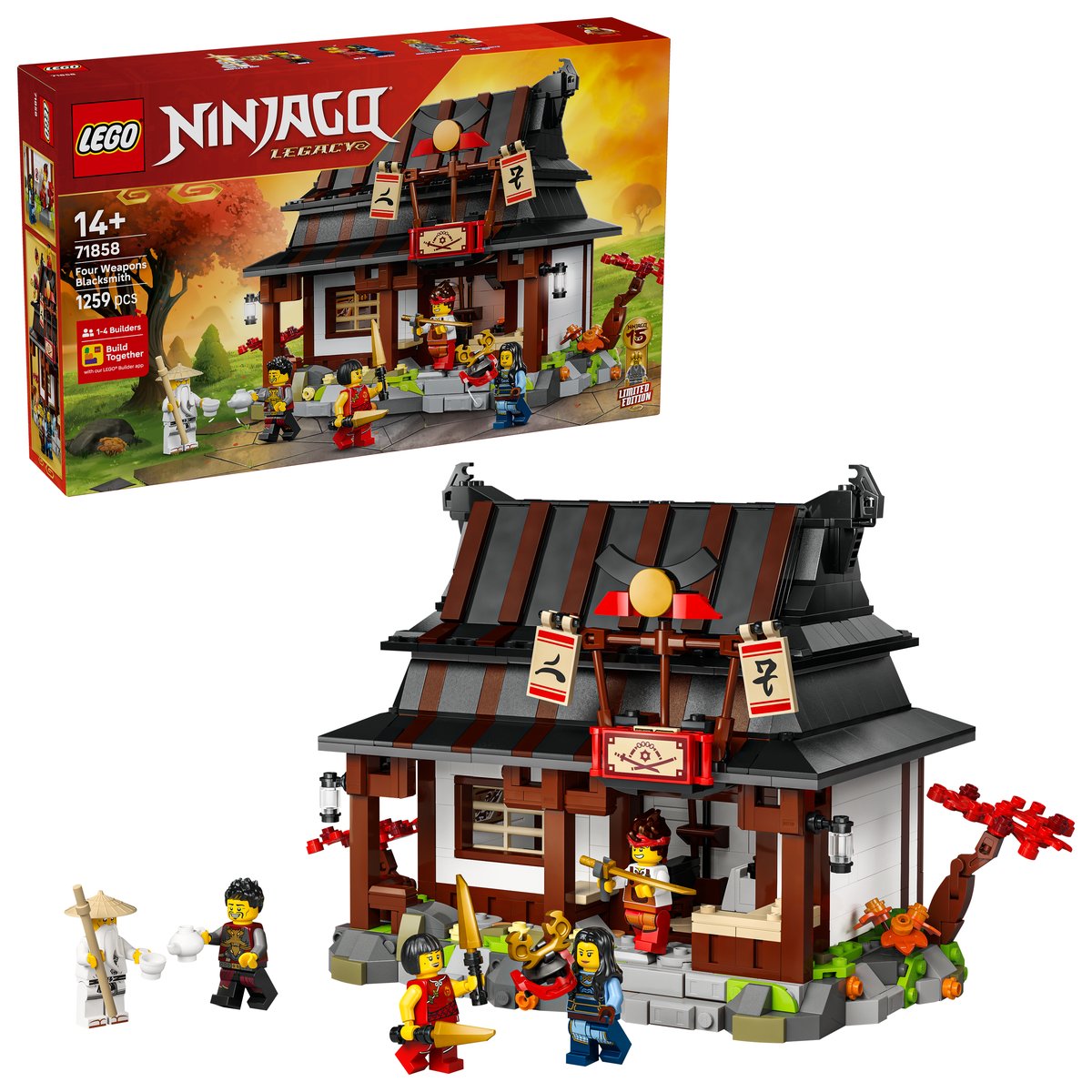 LEGO 71858 LEGO® Ninjago 71858 - 15-jähriges Jubiläum der Vier-Waffen-Schmiede – Box & Produkt
