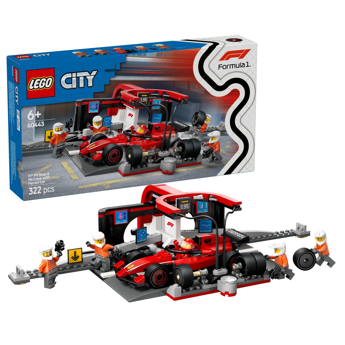 LEGO 60443 LEGO® City 60443 - F1® Boxenstopp mit Boxencrew und Ferrari Flitzer – Box & Produkt