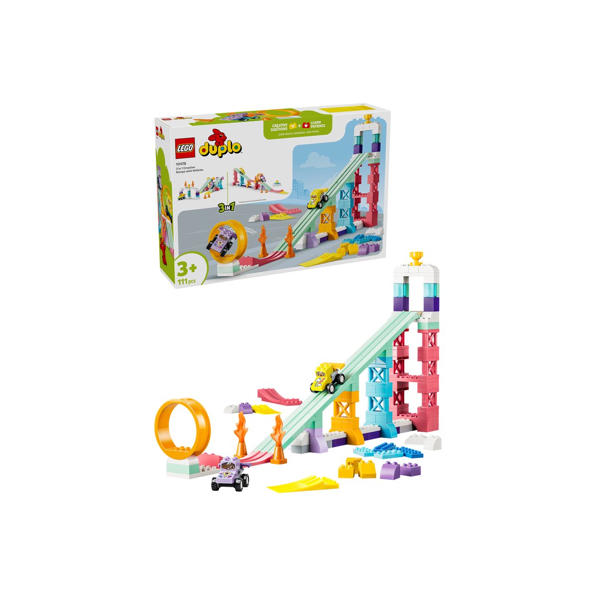 LEGO 10478 LEGO® DUPLO® Town 10478 - Kreative Sprungschanzen mit kleinen Flitzern 3-in-1-Set – Box & Produkt