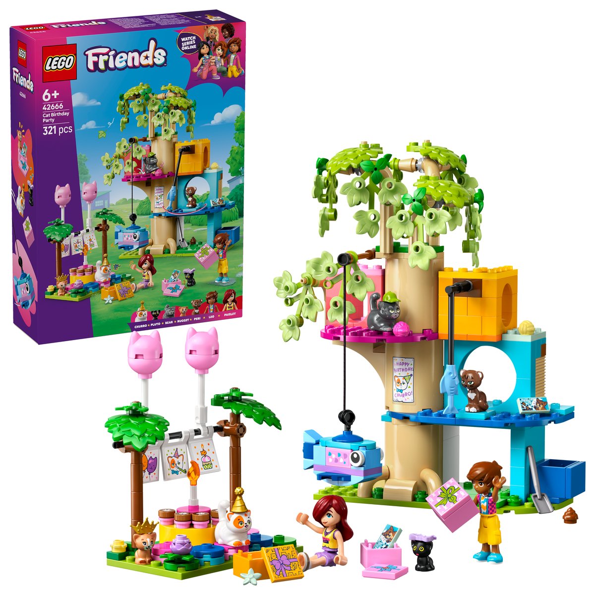 LEGO 42666 LEGO® Friends 42666 - Katzengeburtstagsparty & Baumhaus – Box & Produkt