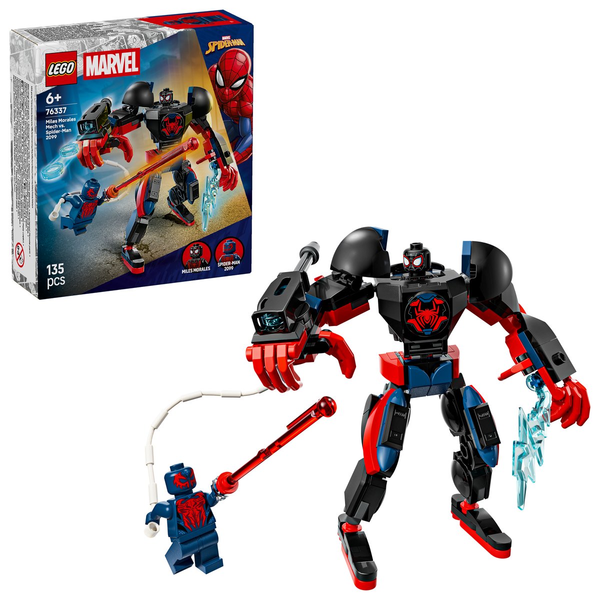 LEGO 76337 LEGO® Super Heroes Marvel 76337 - Miles Morales Mech vs. Spider-Man 2099 – Box & Produkt