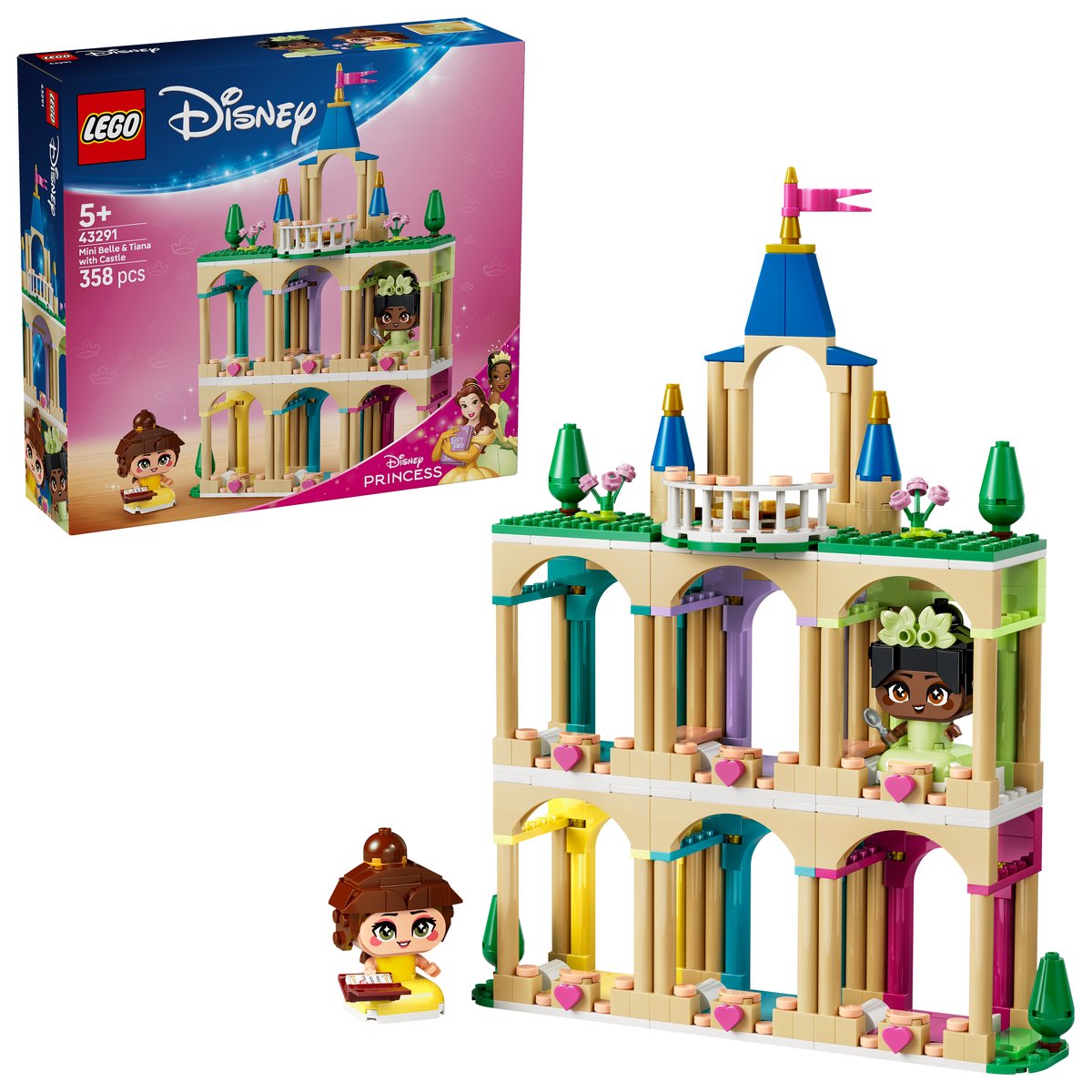 LEGO 43291 LEGO® Disney Princess 43291 - Die Mini-Prinzessinnen Belle und Tiana mit ihrem Schloss – Box & Produkt