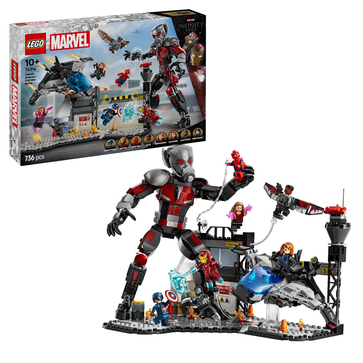 LEGO 76314 LEGO® Super Heroes 76314 - Captain America: Civil War Actionduell – Box & Produkt