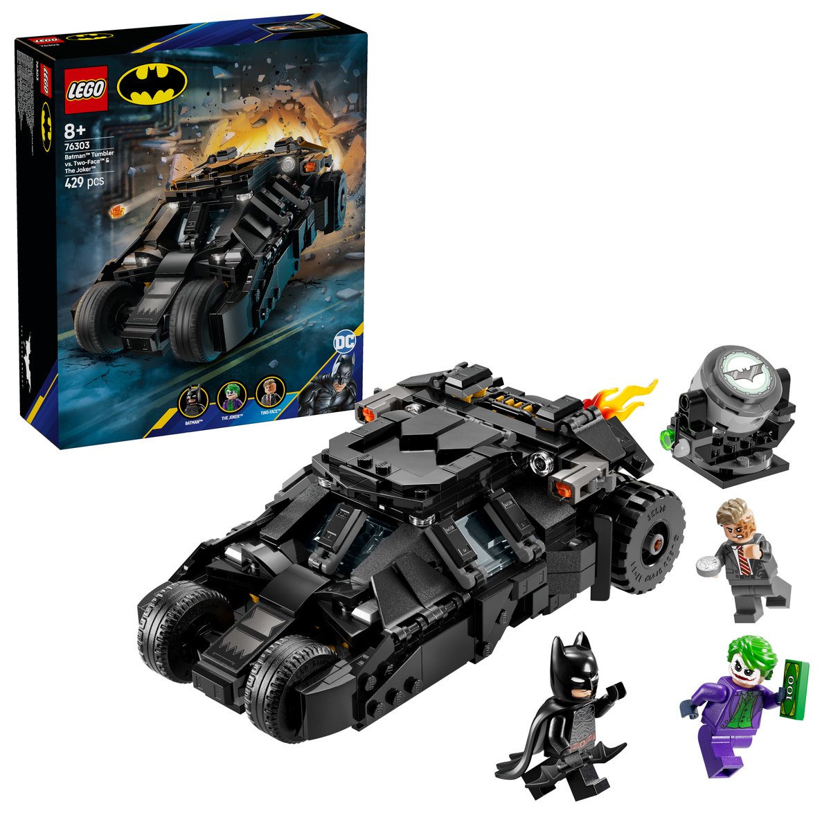 LEGO 76303 LEGO® Super Heroes 76303 - Batman™ Tumbler vs. Two-Face™ & The Joker™ – Box & Produkt