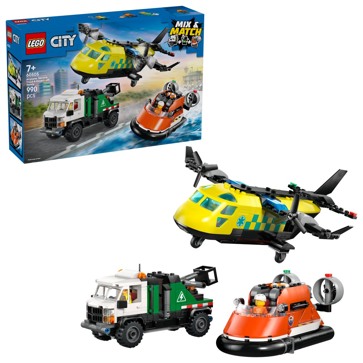 LEGO 60505 LEGO® LEGO City 60505 - Kombinationsset mit Flugzeug, Wartungsfahrzeug und Luftkissenboot – Box & Produkt