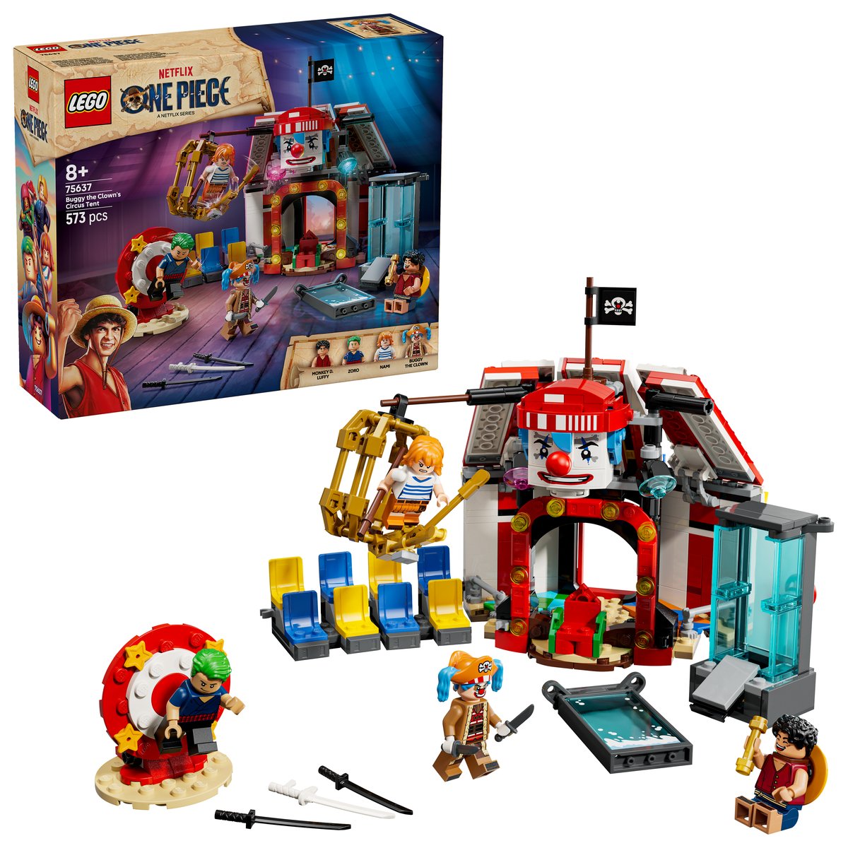 LEGO 75637 LEGO® ONE PIECE 75637 - Zirkuszelt von Buggy dem Clown – Box & Produkt