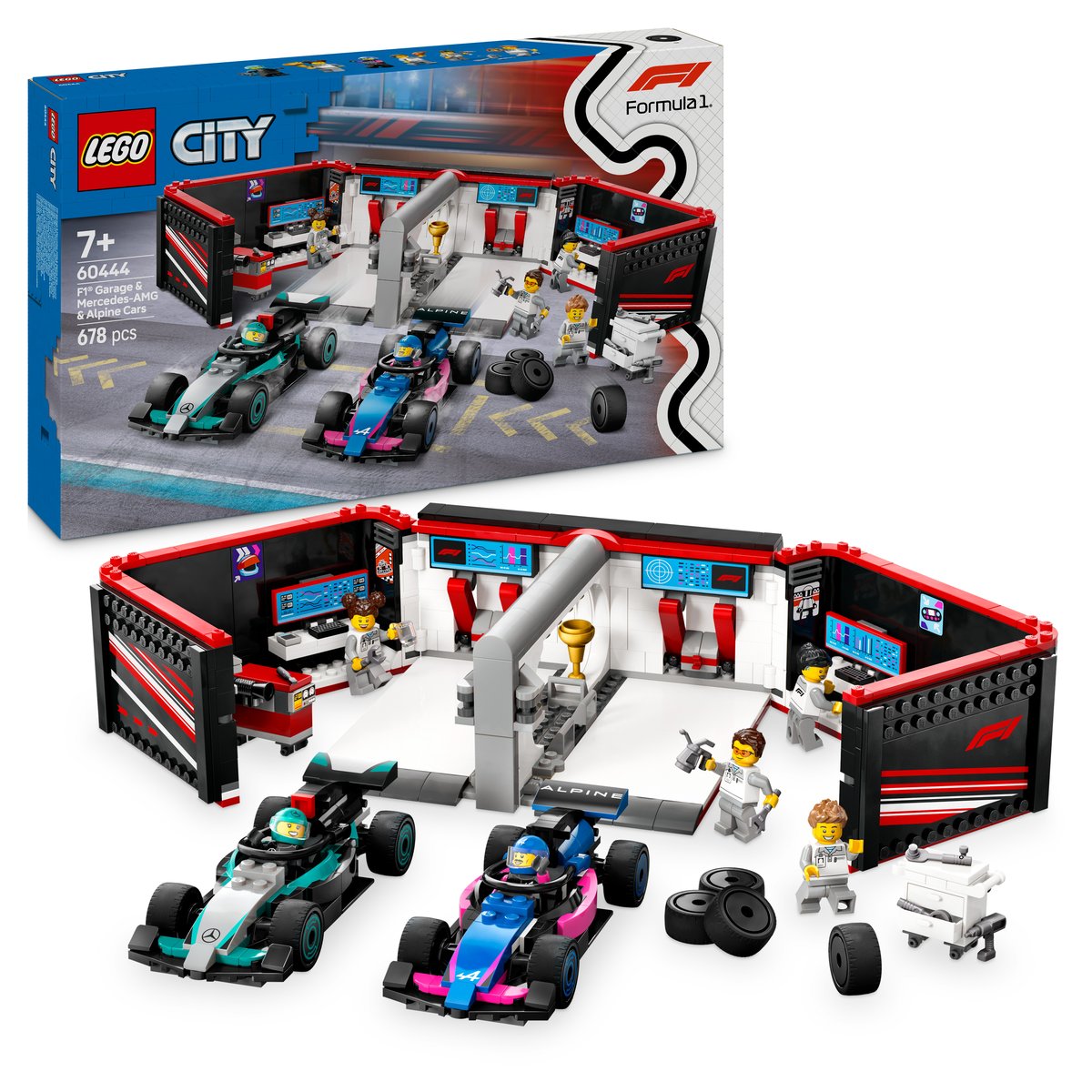 LEGO 60444 LEGO® City 60444 - F1® Garage mit Mercedes-AMG & Alpine Rennautos – Box & Produkt