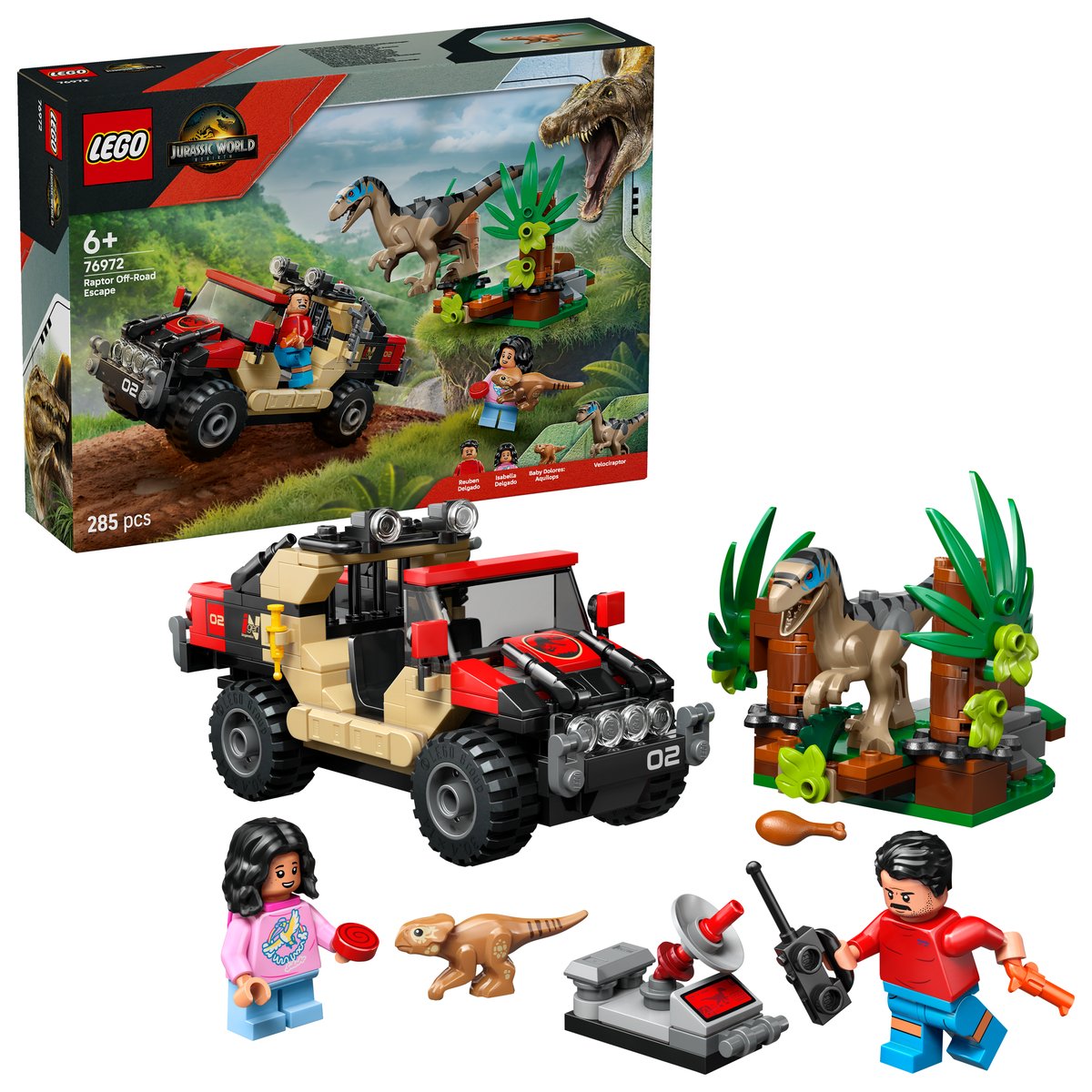 LEGO 76972 LEGO® Jurassic World 76972 - Raptor: Verfolgungsjagd mit dem Geländewagen – Box & Produkt
