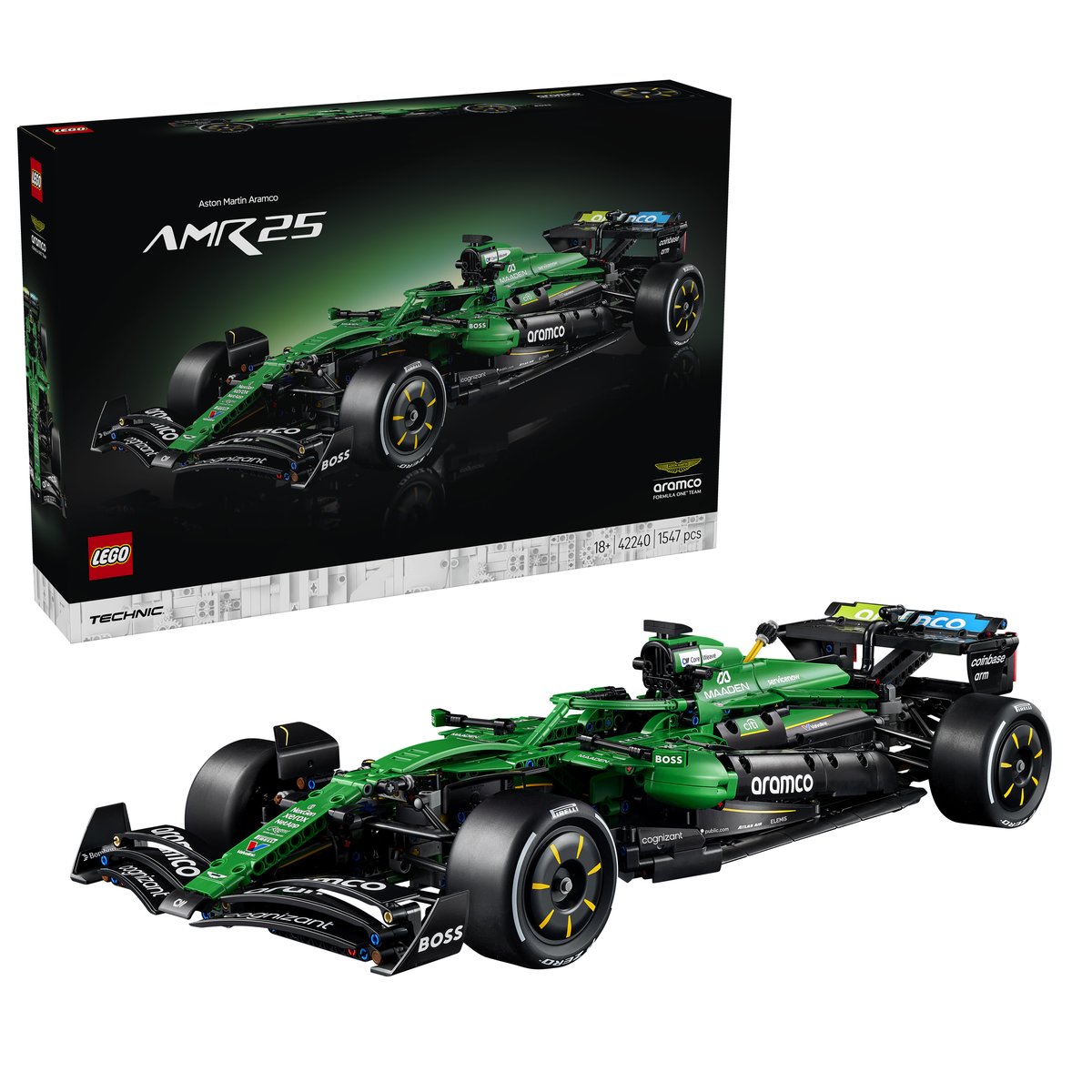 LEGO 42240 LEGO® Technic 42240 - Aston Martin Aramco AMR25 F1® Auto – Box & Produkt