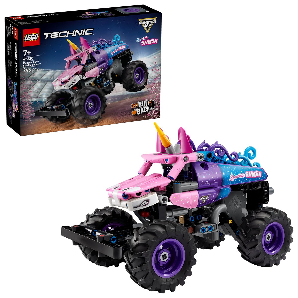 LEGO 42220 LEGO® Technic 42220 - Monster Jam™ Sparkle Smash™ mit Rückziehmotor – Box & Produkt